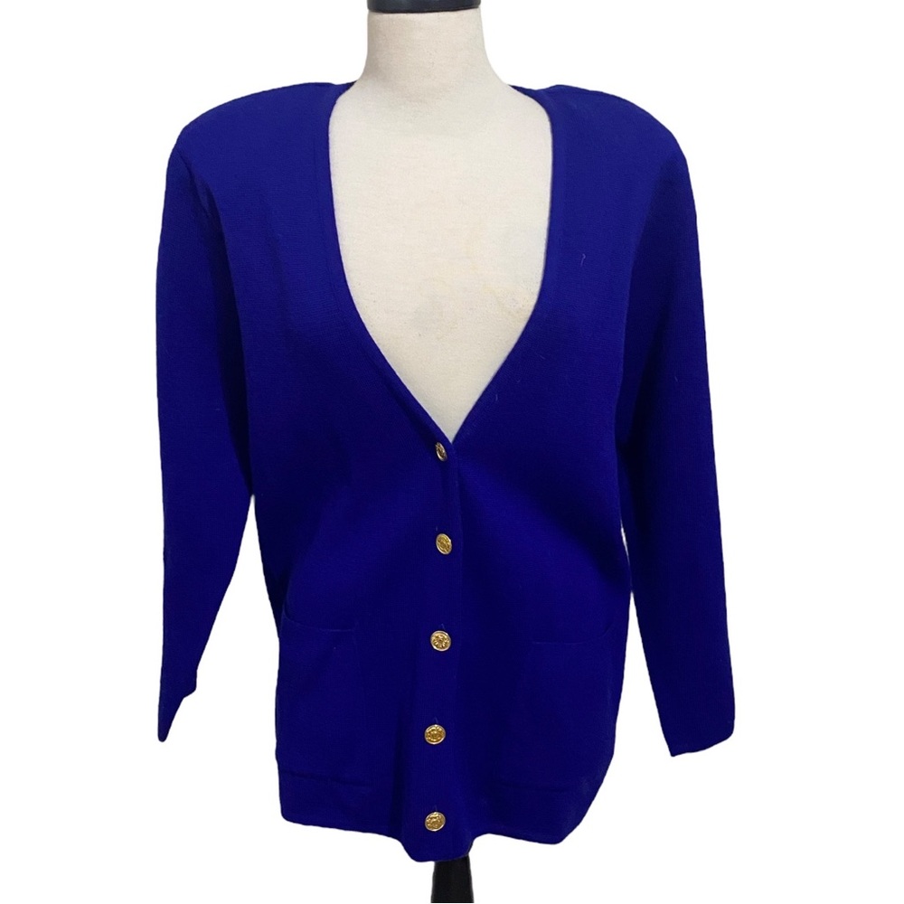 VTG Nordstrom POINT OF VIEW Womens Large Blue 100% Merino Wool Sweater Cardigan
